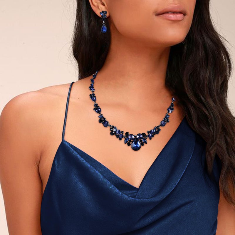 EVER FAITH Women's Austrian Crystal Bridal Floral Teardrop Necklace Earrings Set Dark Blue Black-Tone 20.2'' - Image 3